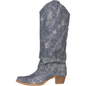 Women's Light Blue Denim Leather Cowgirl Boots Fold Over Knee High Chunky Heel